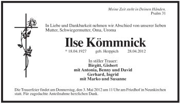 Traueranzeige von Ilse Kömmnick von Pegnitz-Zeitung